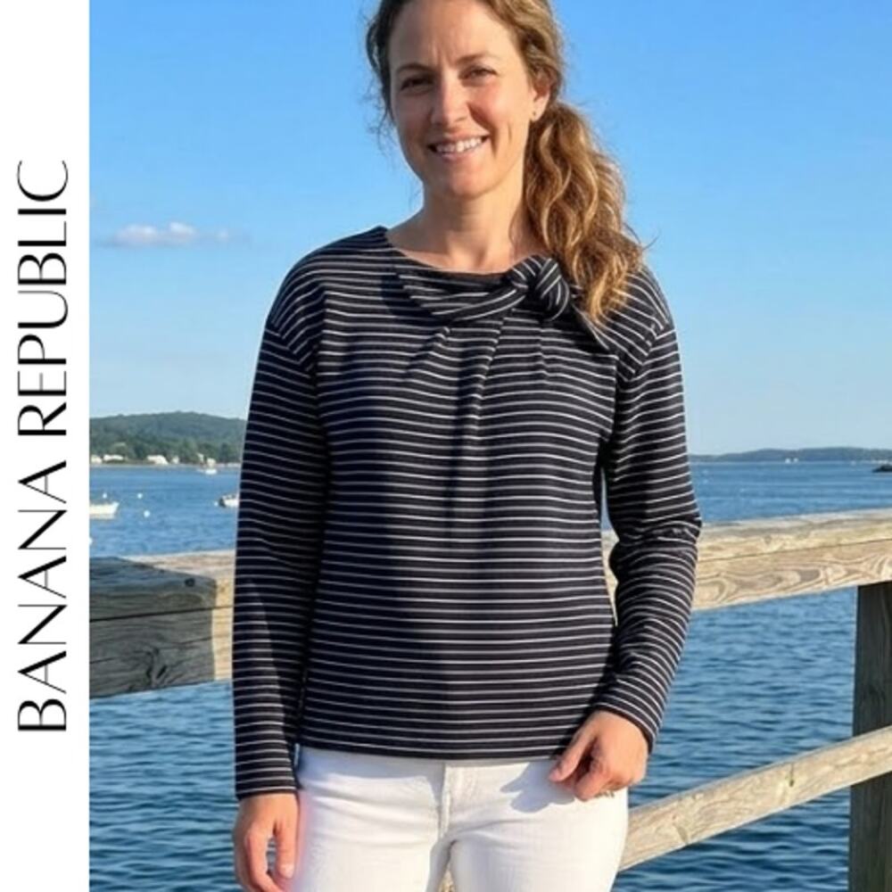 Banana Republic Blue White Stripe Knit Top S Bow Detail